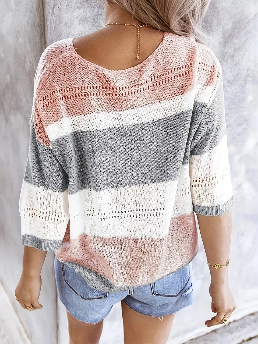 Women's Striped V-Neck Hollow Knitted Sweater Relaxed Fit