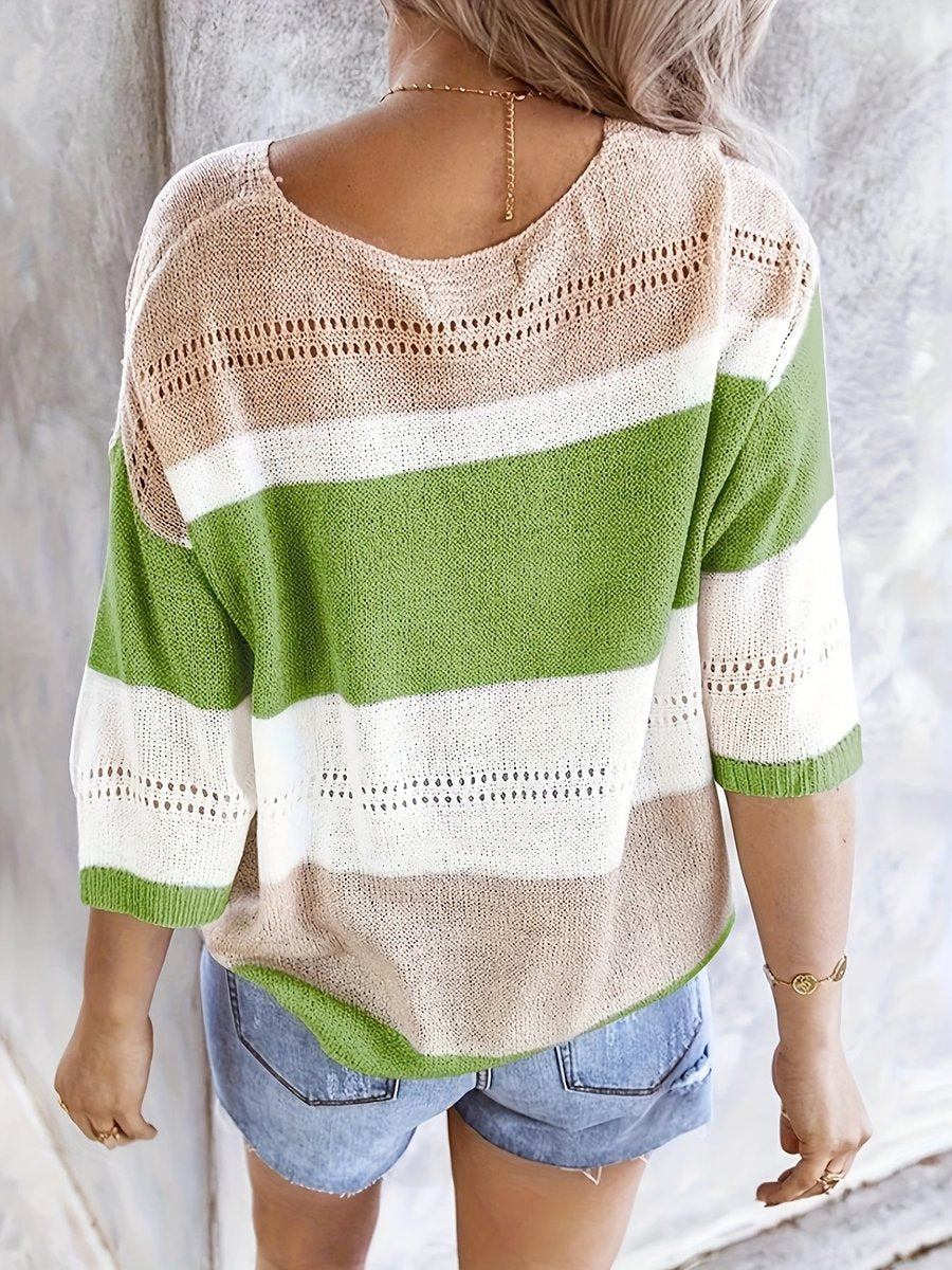Women's Striped V-Neck Hollow Knitted Sweater Relaxed Fit