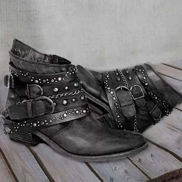 Women's Studded Buckle Strap Ankle Heeled Boots