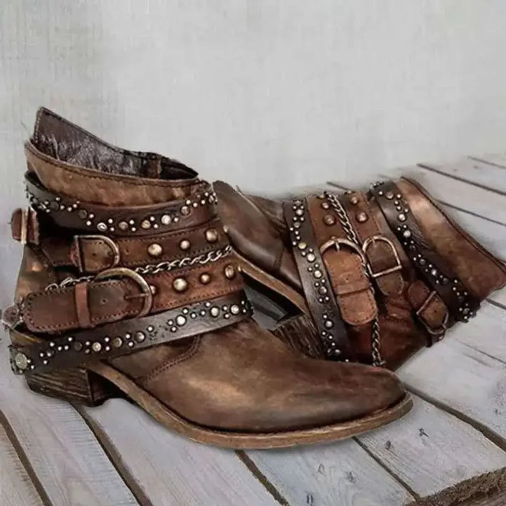 Women's Studded Buckle Strap Ankle Heeled Boots