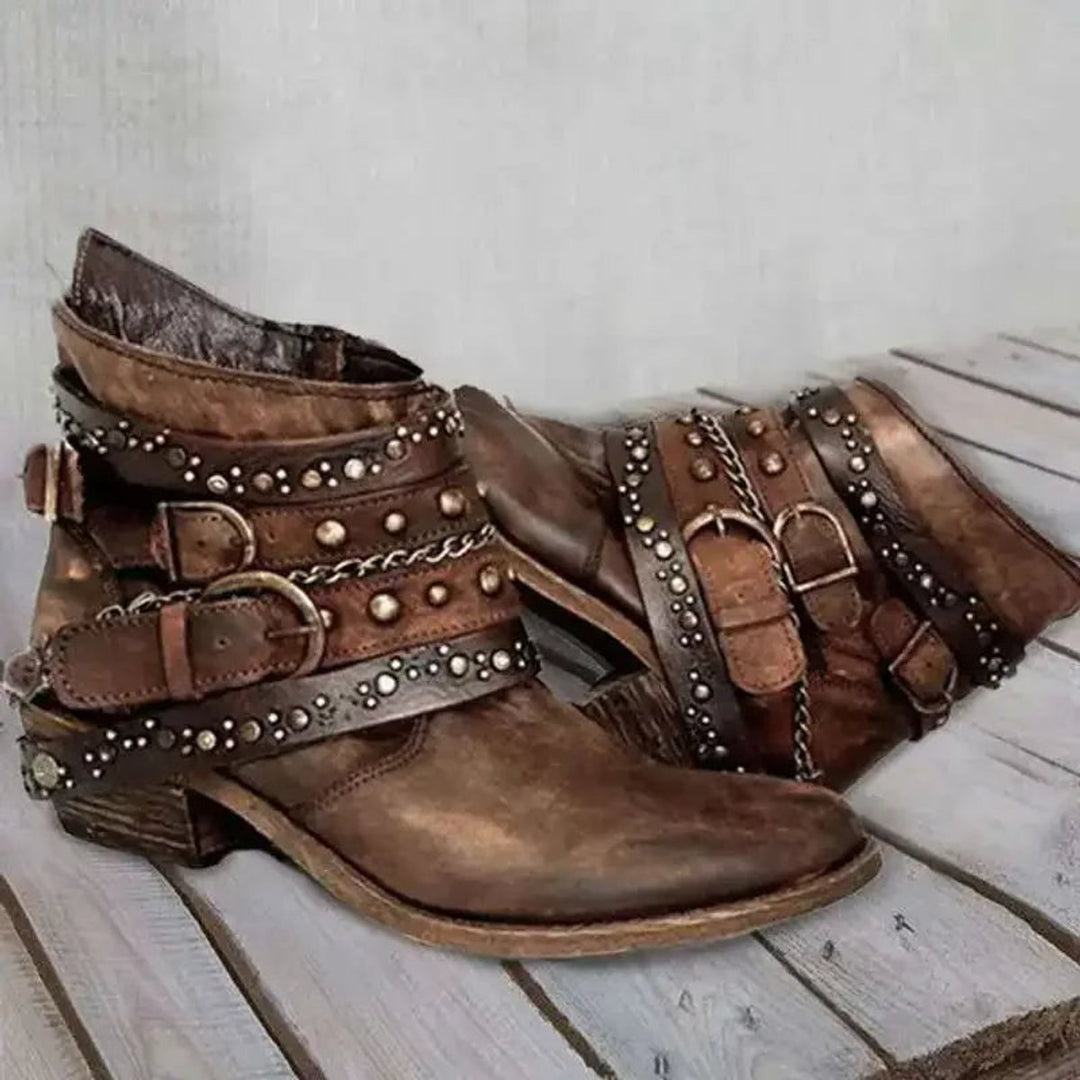 Women's Studded Buckle Strap Ankle Heeled Boots