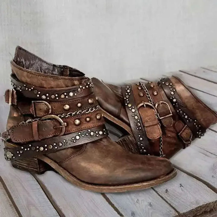 Women's Studded Buckle Strap Ankle Heeled Boots