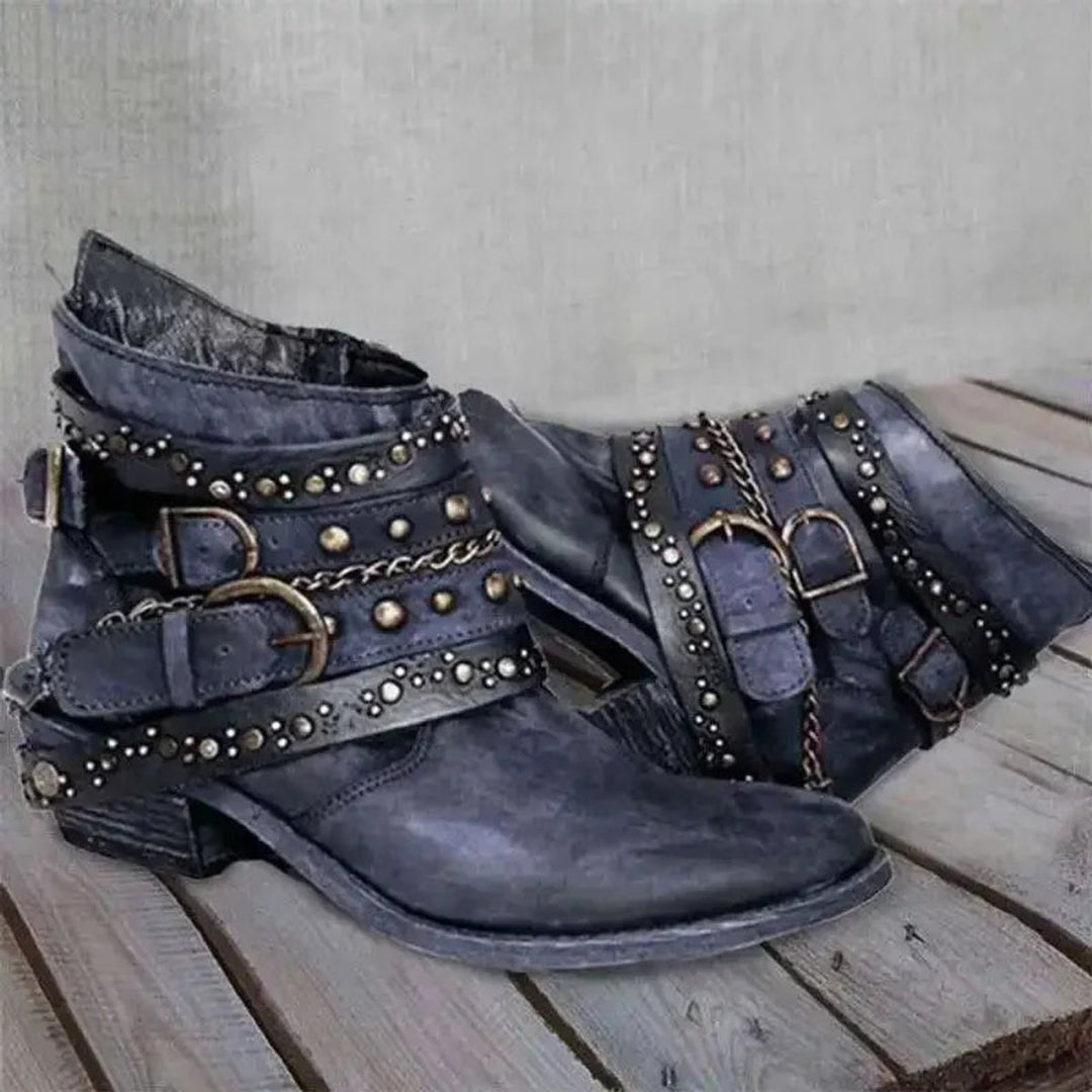 Women's Studded Buckle Strap Ankle Heeled Boots