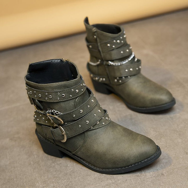 Women's Studded Multi-Strap Block-Heel Ankle Heeled Boots
