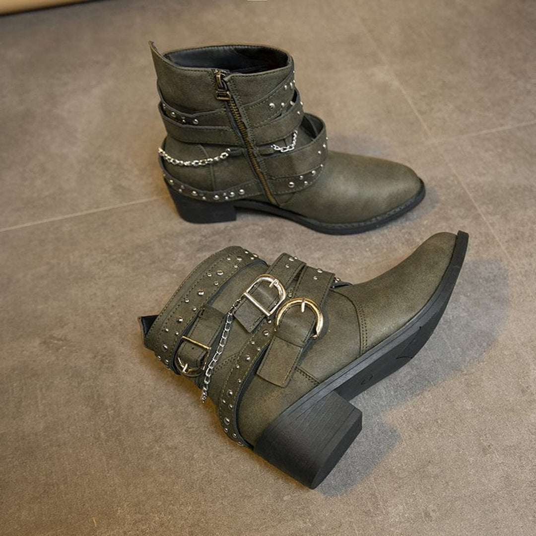 Women's Studded Multi-Strap Block-Heel Ankle Heeled Boots