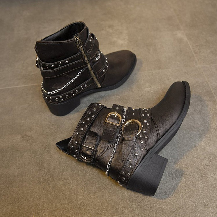 Women's Studded Multi-Strap Block-Heel Ankle Heeled Boots