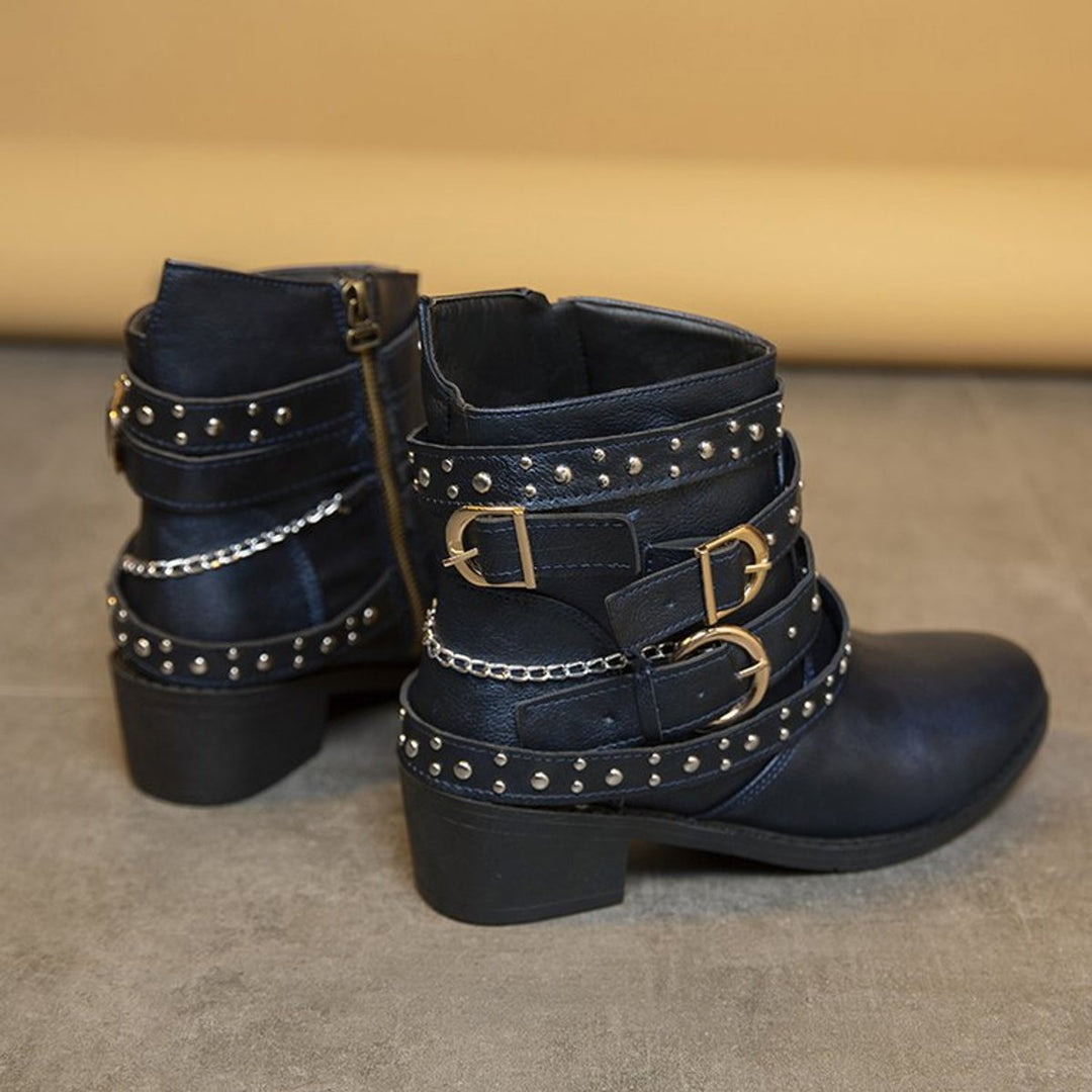 Women's Studded Multi-Strap Block-Heel Ankle Heeled Boots