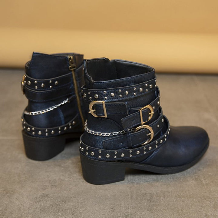 Women's Studded Multi-Strap Block-Heel Ankle Heeled Boots