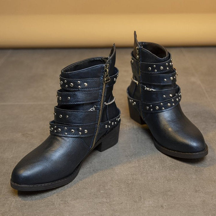 Women's Studded Multi-Strap Block-Heel Ankle Heeled Boots