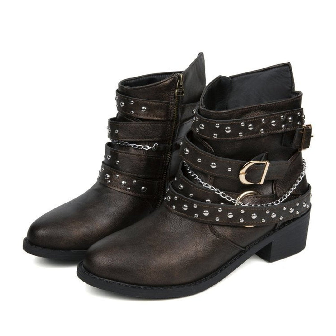 Women's Studded Multi-Strap Block-Heel Ankle Heeled Boots