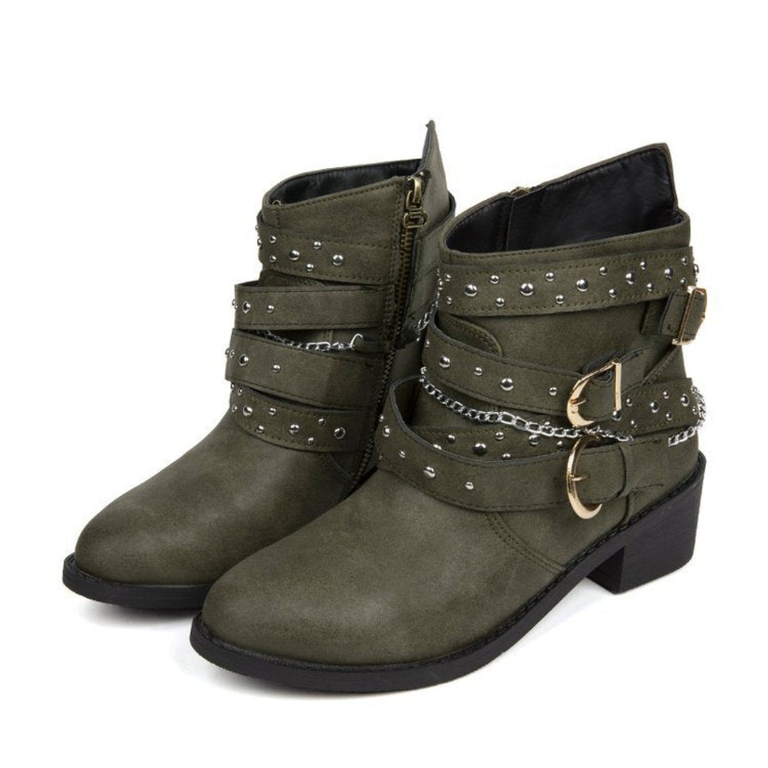 Women's Studded Multi-Strap Block-Heel Ankle Heeled Boots