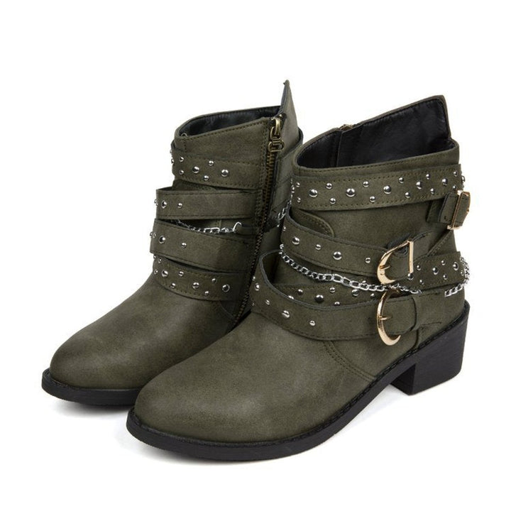Women's Studded Multi-Strap Block-Heel Ankle Heeled Boots