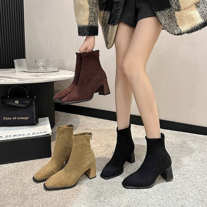 Women's Suede Block Heel Ankle Heeled Boots Square Toe