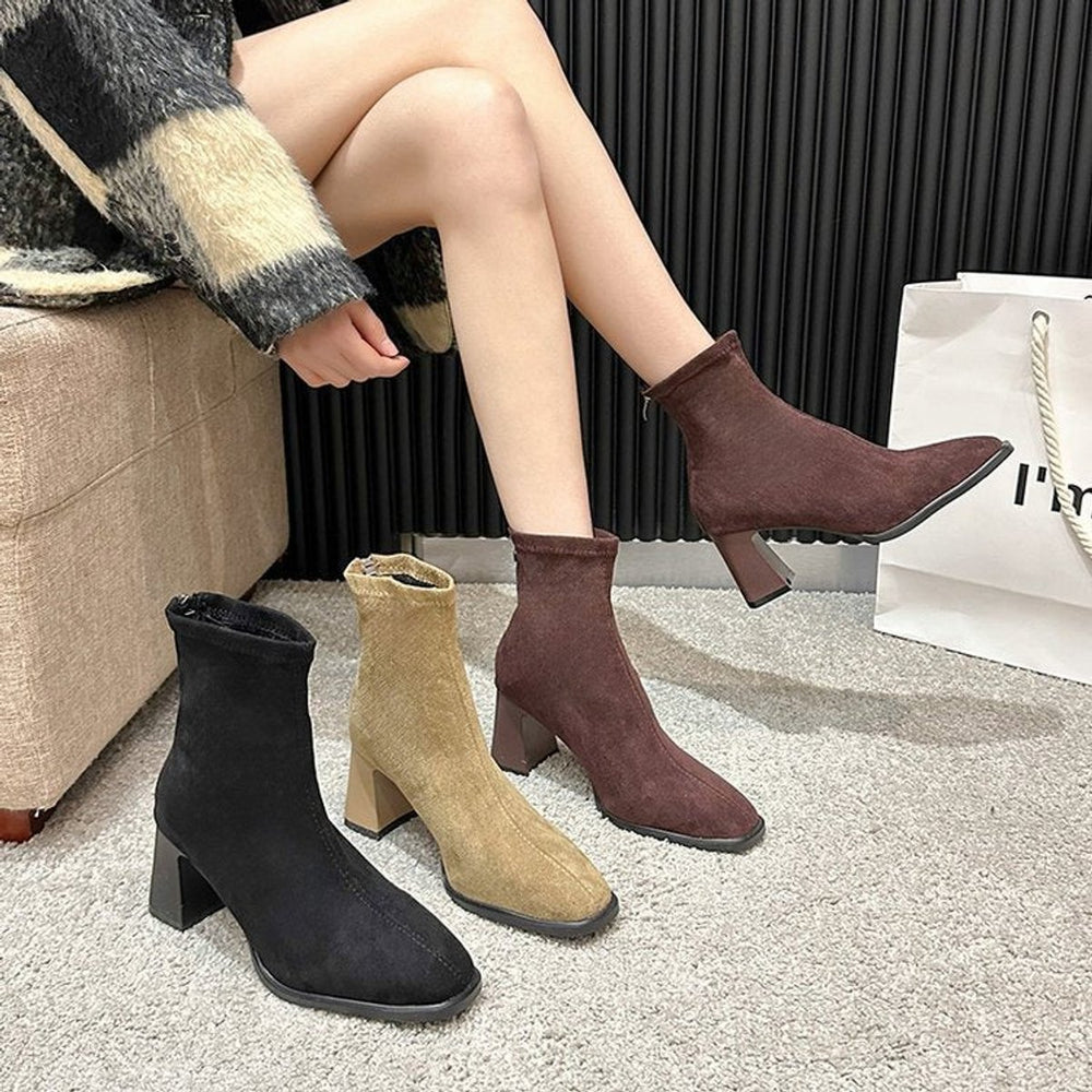 Women's Suede Block Heel Ankle Heeled Boots Square Toe