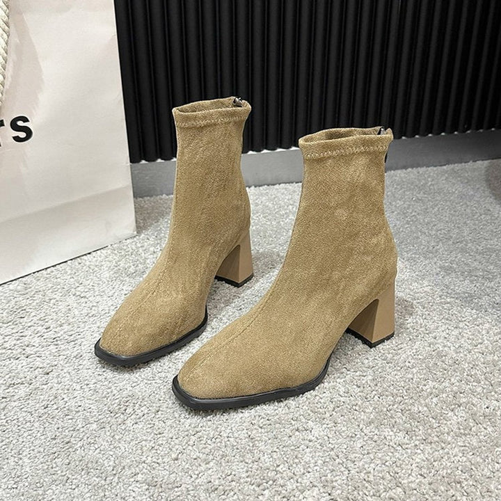 Women's Suede Block Heel Ankle Heeled Boots Square Toe