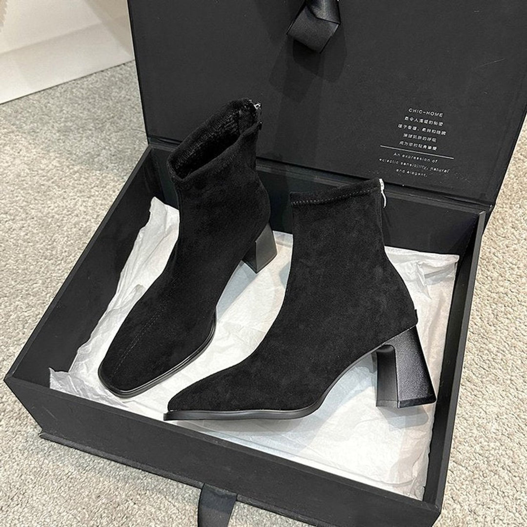 Women's Suede Block Heel Ankle Heeled Boots Square Toe