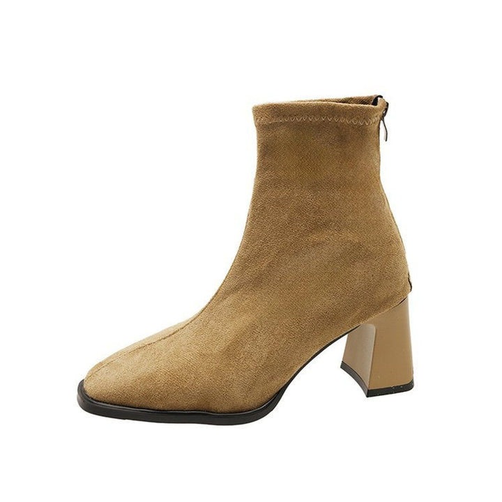 Women's Suede Block Heel Ankle Heeled Boots Square Toe