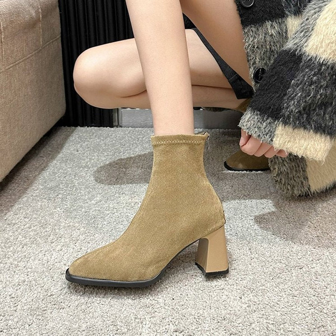 Women's Suede Block Heel Ankle Heeled Boots Square Toe