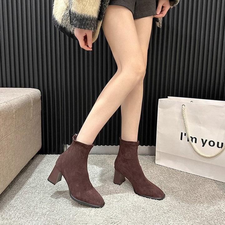 Women's Suede Block Heel Ankle Heeled Boots Square Toe