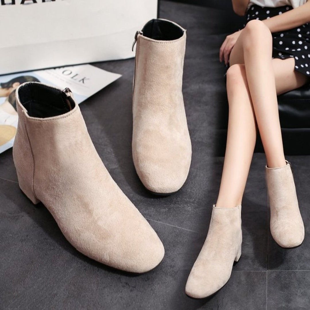 Women's Suede Block-Heel Ankle Heeled Boots Square-Toe Zip-Up