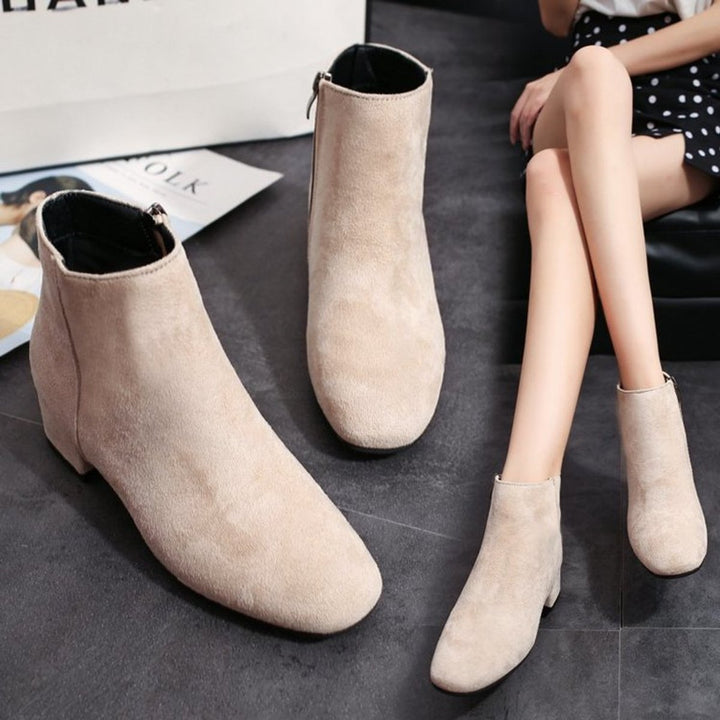 Women's Suede Block-Heel Ankle Heeled Boots Square-Toe Zip-Up