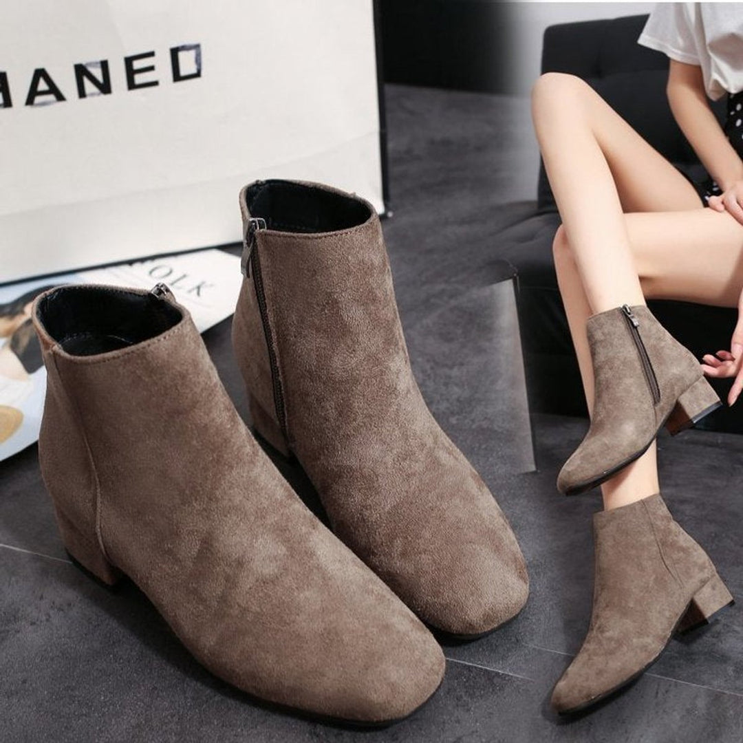 Women's Suede Block-Heel Ankle Heeled Boots Square-Toe Zip-Up