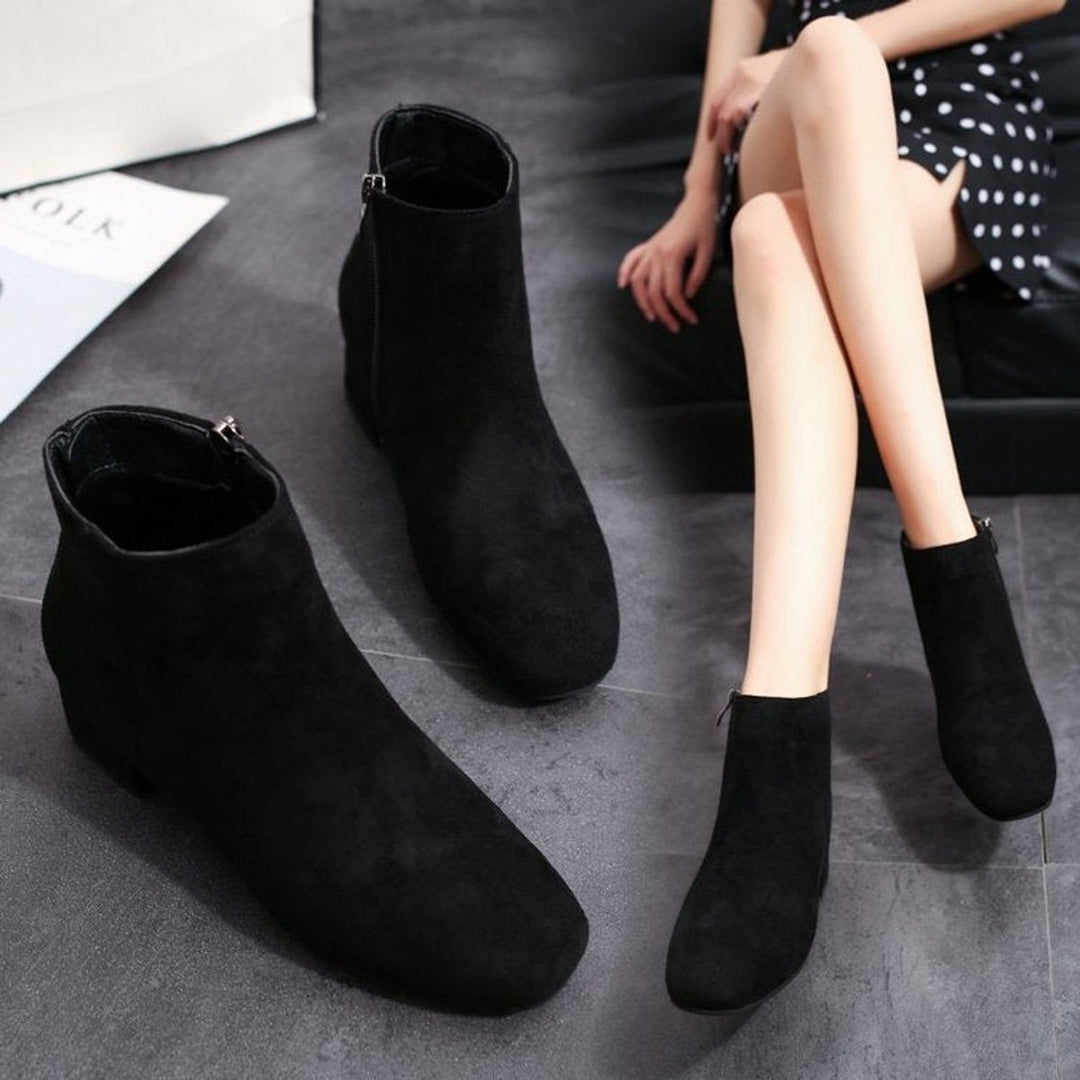 Women's Suede Block-Heel Ankle Heeled Boots Square-Toe Zip-Up
