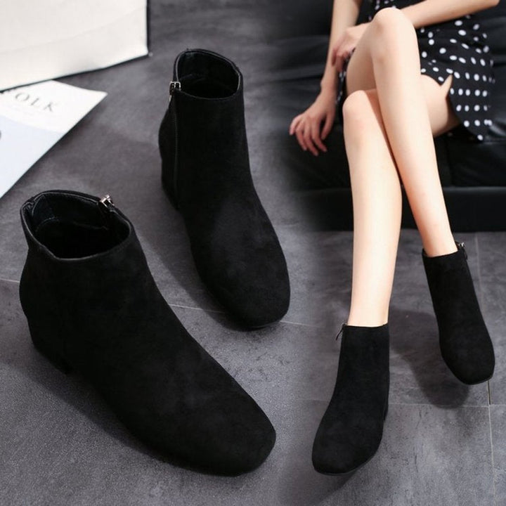Women's Suede Block-Heel Ankle Heeled Boots Square-Toe Zip-Up