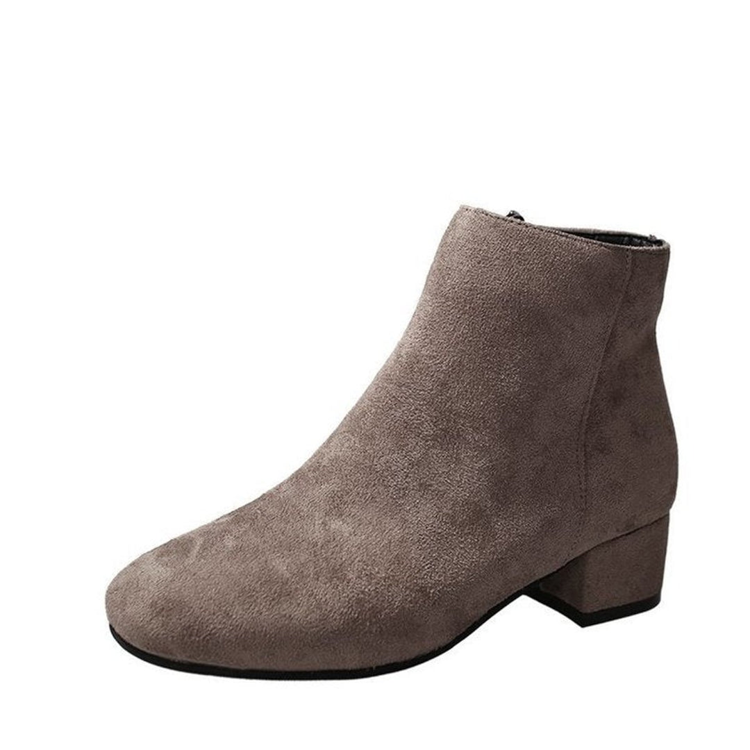 Women's Suede Block-Heel Ankle Heeled Boots Square-Toe Zip-Up