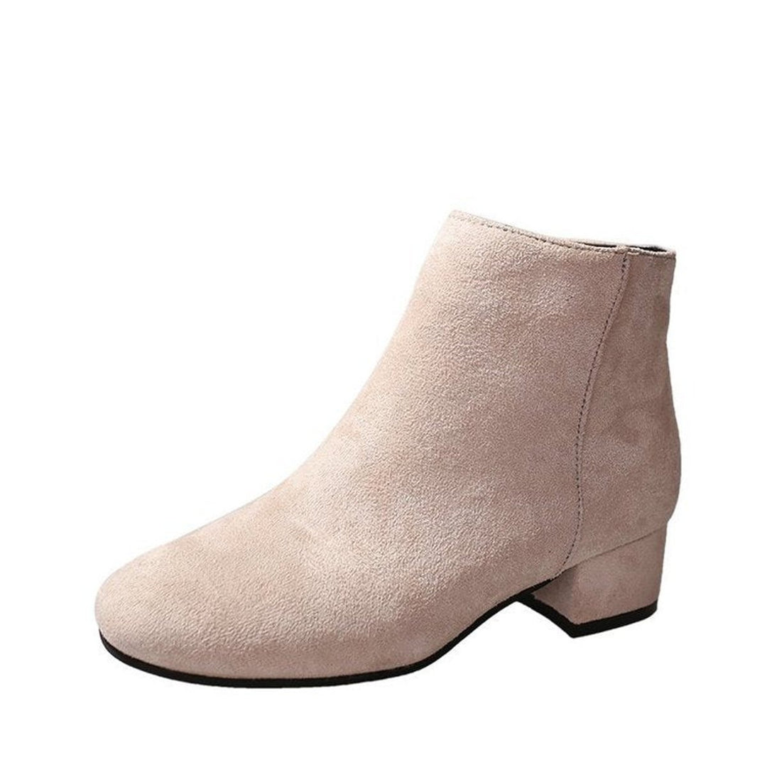 Women's Suede Block-Heel Ankle Heeled Boots Square-Toe Zip-Up