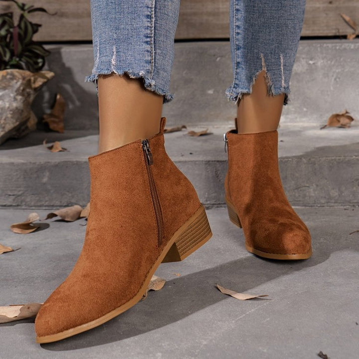 Women's Suede Block-Heel Pointed-Toe Ankle Heeled Boots