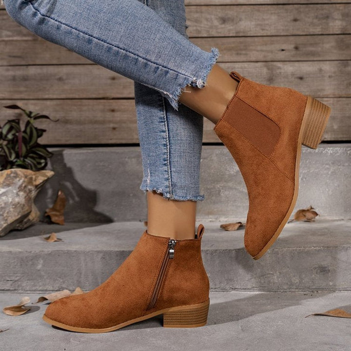 Women's Suede Block-Heel Pointed-Toe Ankle Heeled Boots