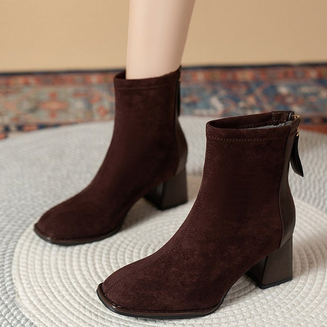 Women's Suede Block-Heel Zip-Up Ankle Heeled Boots