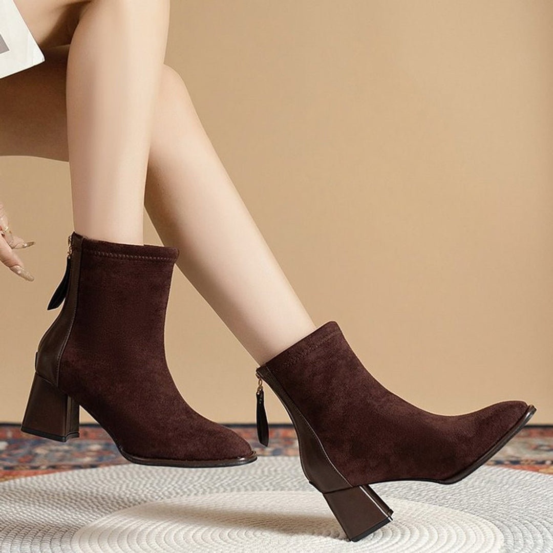 Women's Suede Block-Heel Zip-Up Ankle Heeled Boots