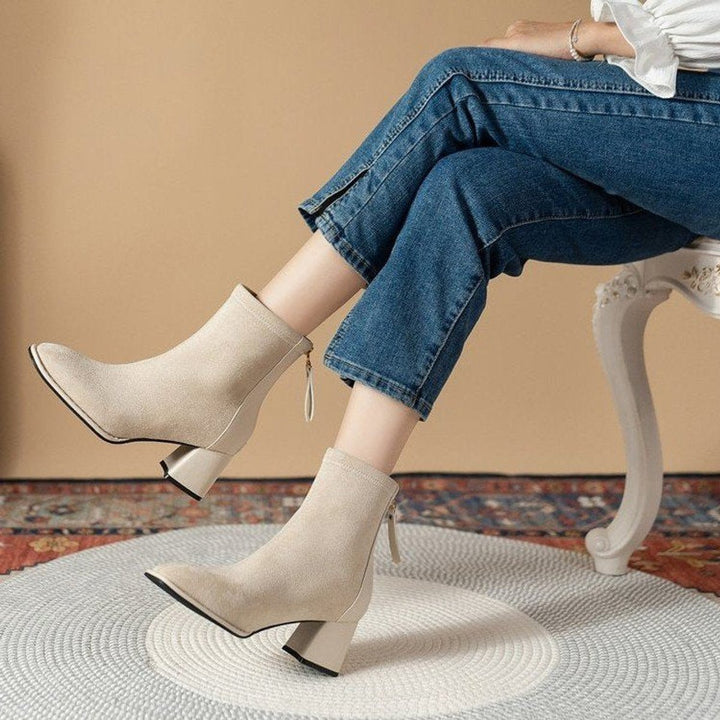 Women's Suede Block-Heel Zip-Up Ankle Heeled Boots