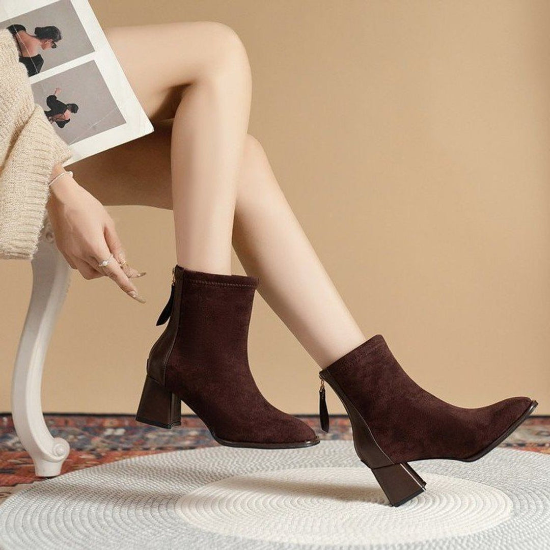 Women's Suede Block-Heel Zip-Up Ankle Heeled Boots