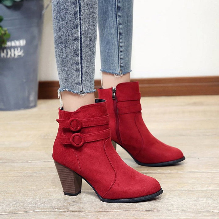 Women's Suede Buckle-Strap Block-Heel Ankle Heeled Boots