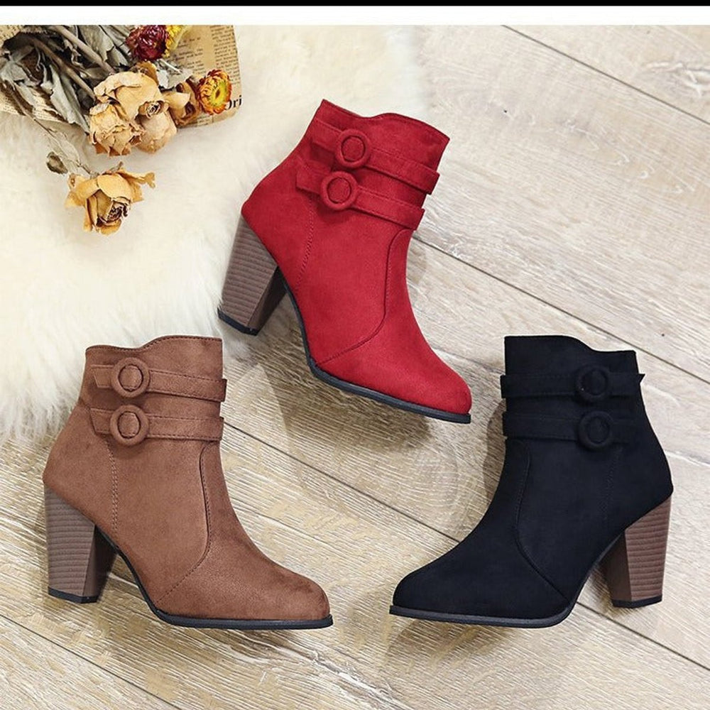Women's Suede Buckle-Strap Block-Heel Ankle Heeled Boots