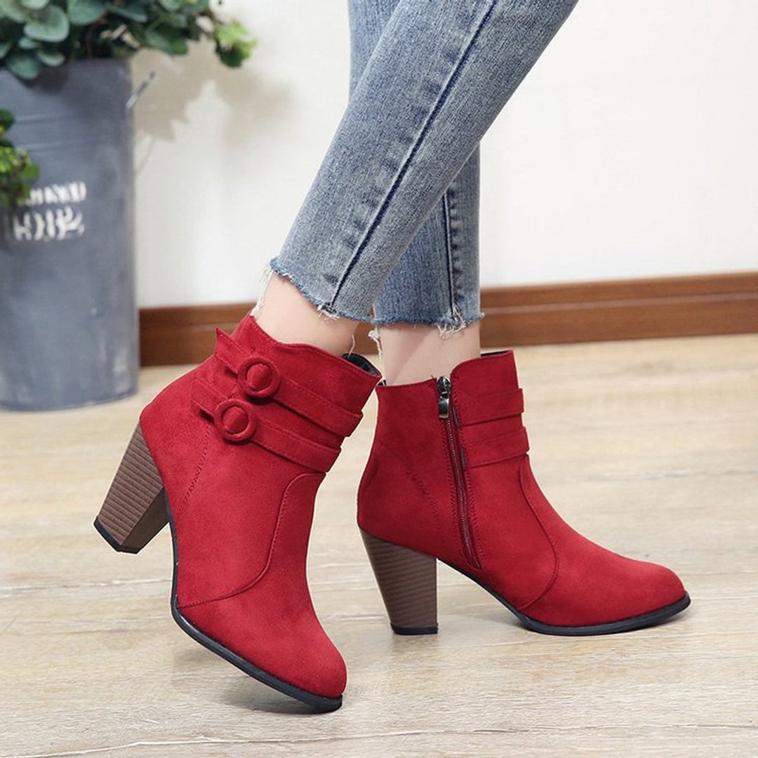 Women's Suede Buckle-Strap Block-Heel Ankle Heeled Boots