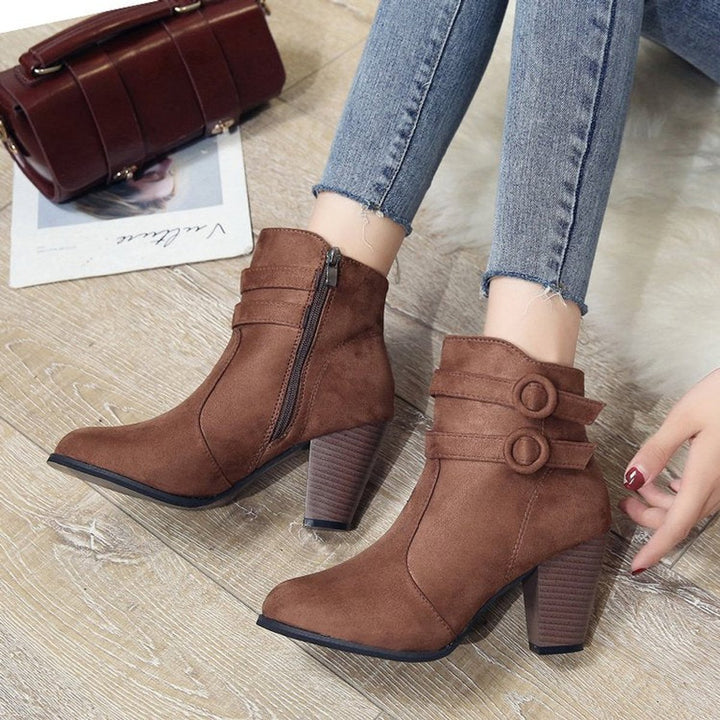 Women's Suede Buckle-Strap Block-Heel Ankle Heeled Boots