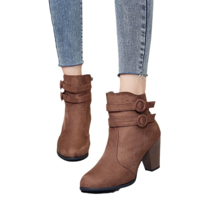 Women's Suede Buckle-Strap Block-Heel Ankle Heeled Boots