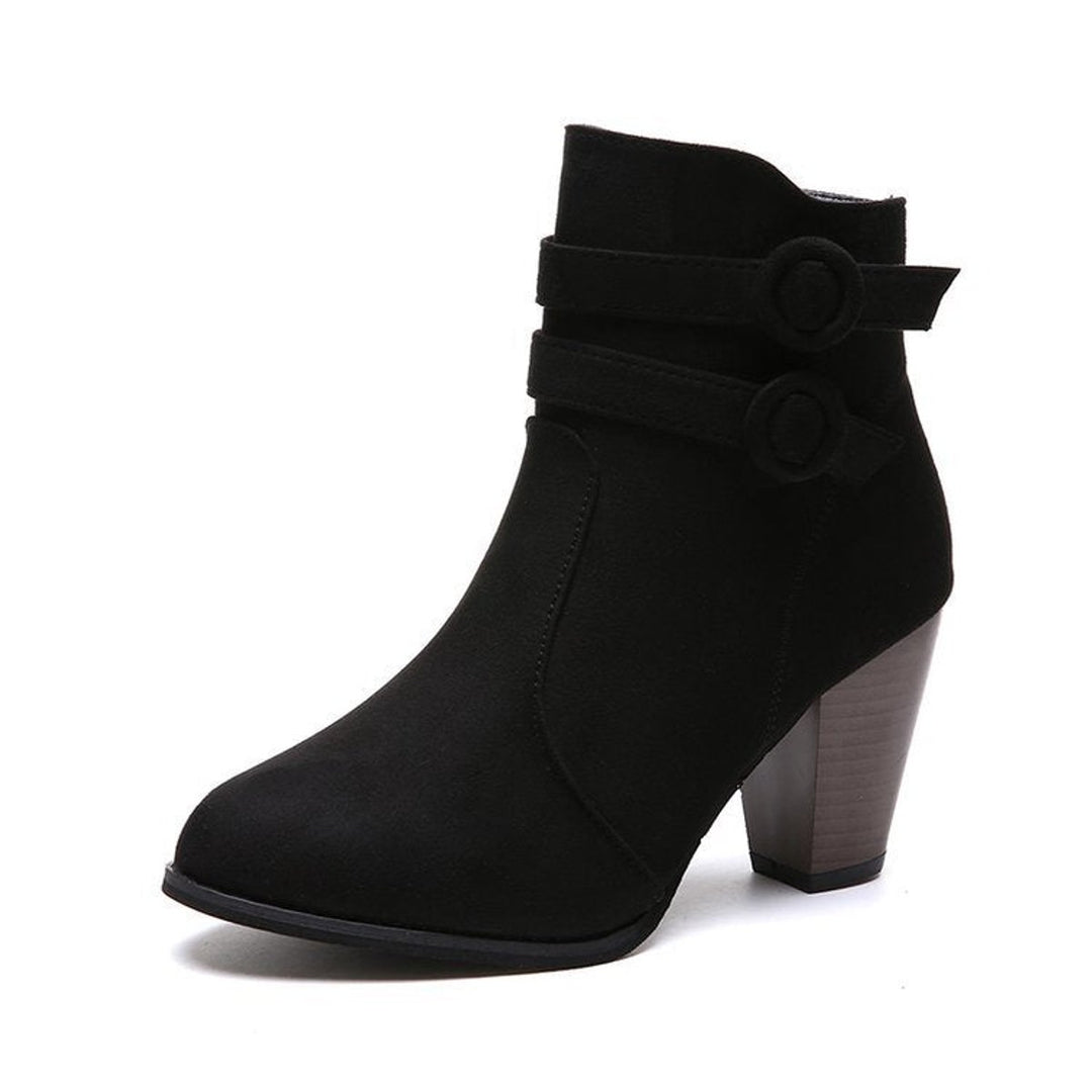 Women's Suede Buckle-Strap Block-Heel Ankle Heeled Boots