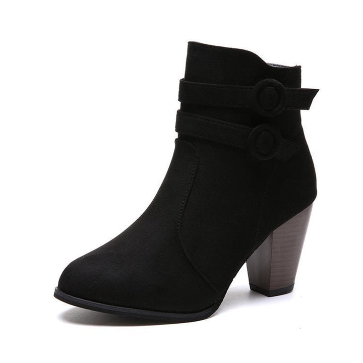 Women's Suede Buckle-Strap Block-Heel Ankle Heeled Boots