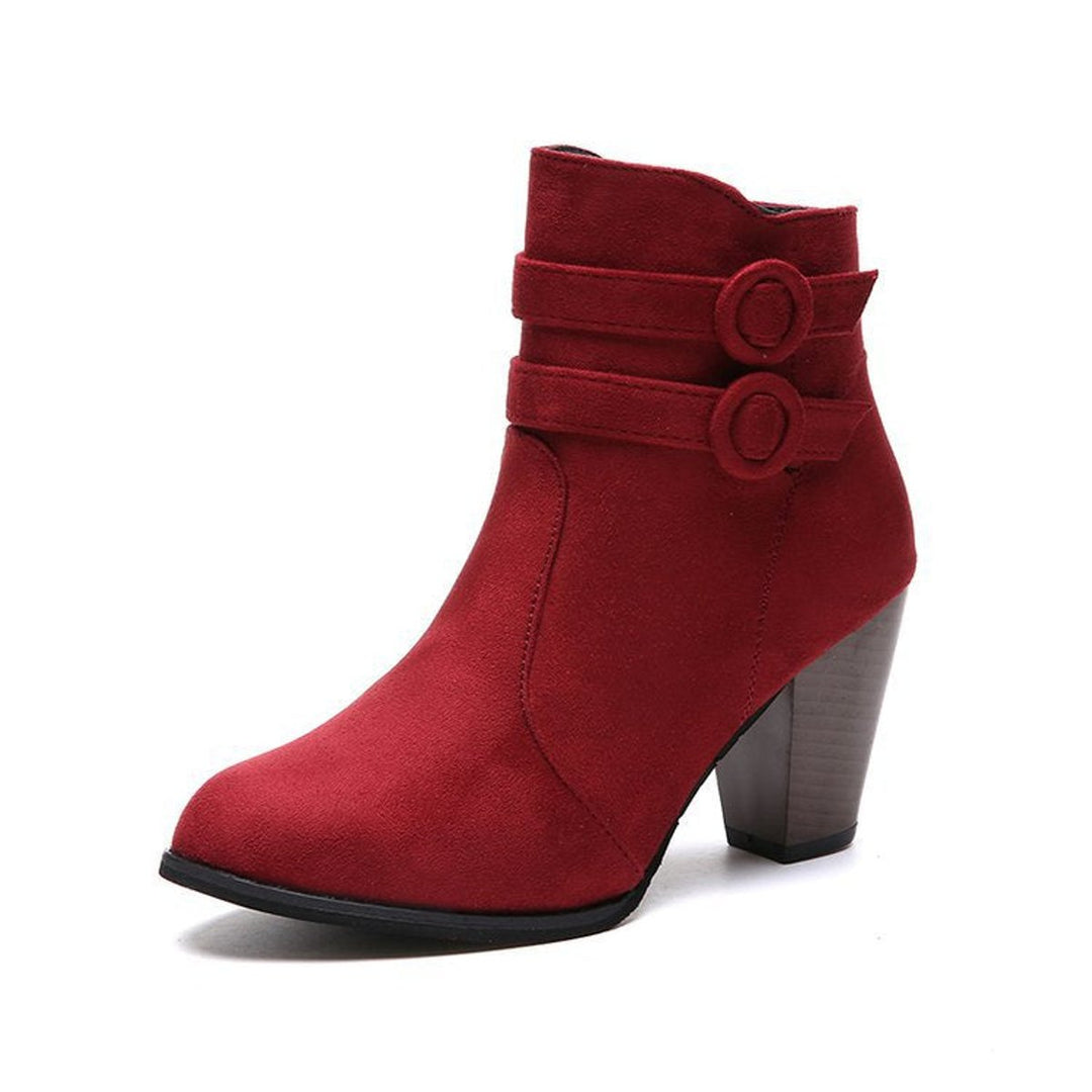 Women's Suede Buckle-Strap Block-Heel Ankle Heeled Boots
