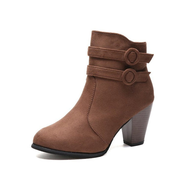 Women's Suede Buckle-Strap Block-Heel Ankle Heeled Boots