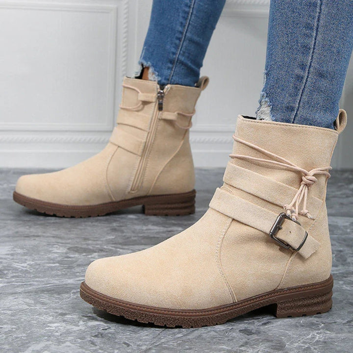 Women's Suede Buckle Strap Flat Ankle Heeled Boots