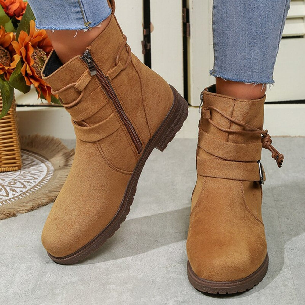 Women's Suede Buckle Strap Flat Ankle Heeled Boots