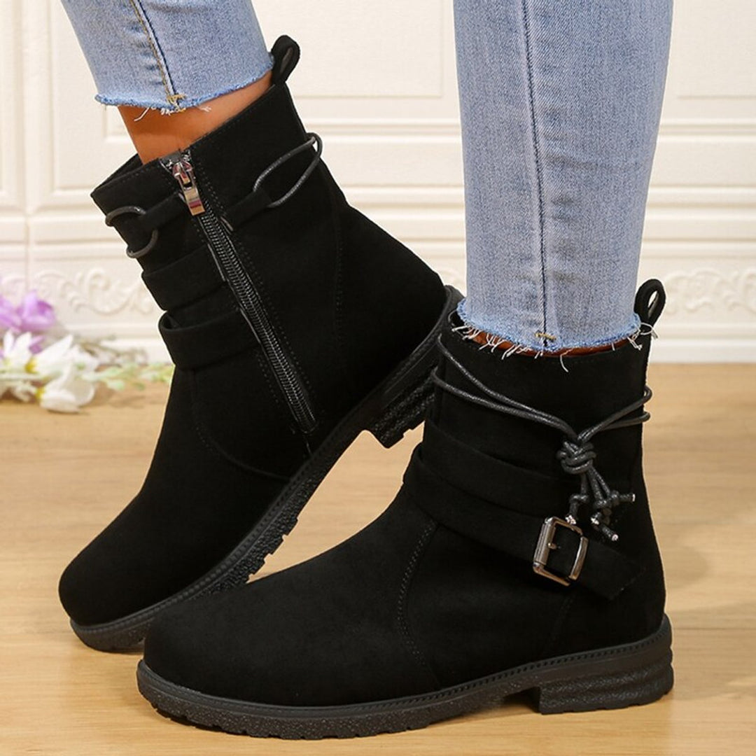 Women's Suede Buckle Strap Flat Ankle Heeled Boots