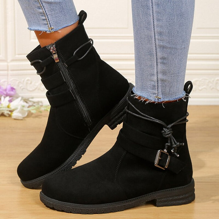 Women's Suede Buckle Strap Flat Ankle Heeled Boots