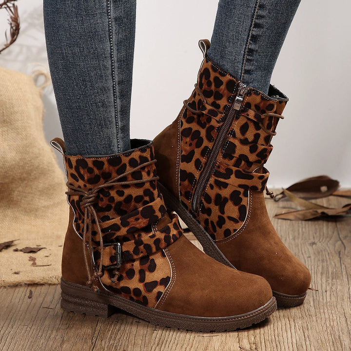 Women's Suede Buckle Strap Flat Ankle Heeled Boots